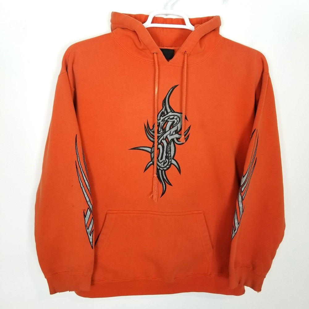 VTG Verbal Assault Men Y2K Tribal Hoodie Size M Orange Graphic Pullover